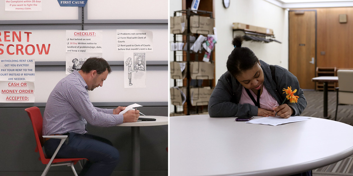 A series of two images: a man sits at a table reading over a form; a woman sits at a table filling out a form