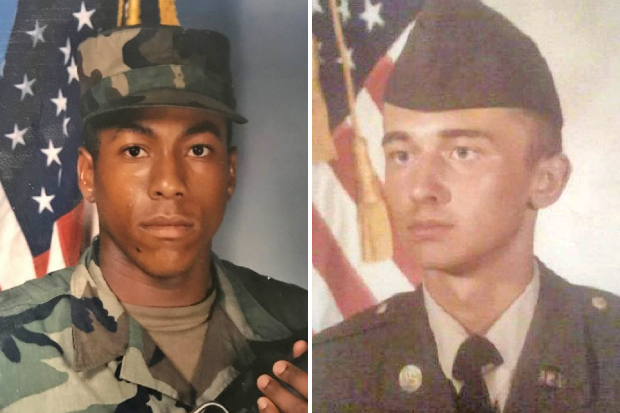 Side-by-side images of two male army soldiers