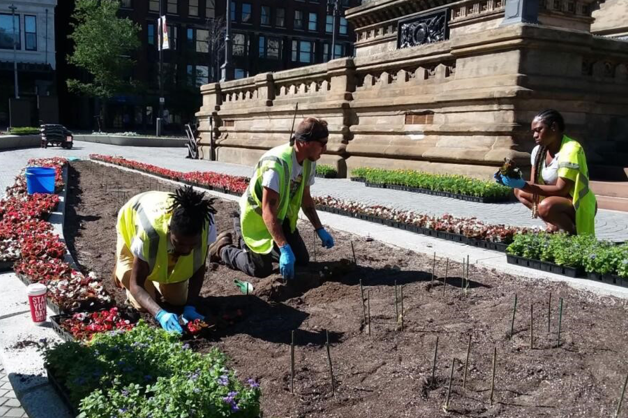 Image one man and two women wearing neon yellow vests planting flowers