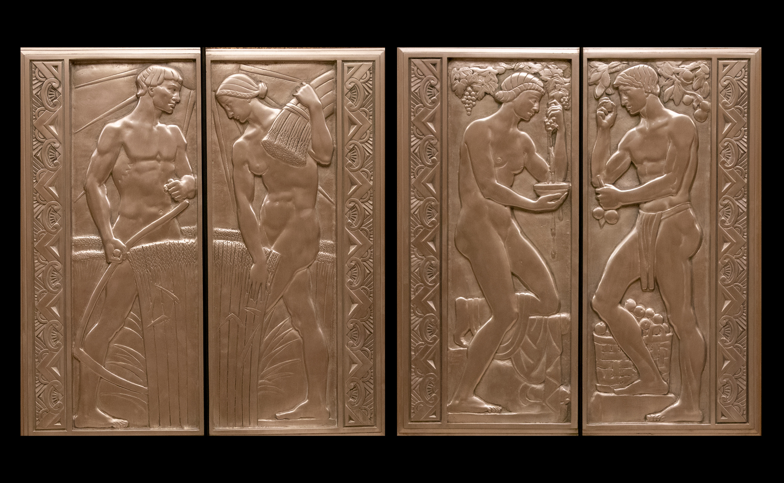 Image a set of ornate, bronze elevator doors featuring male and female figures