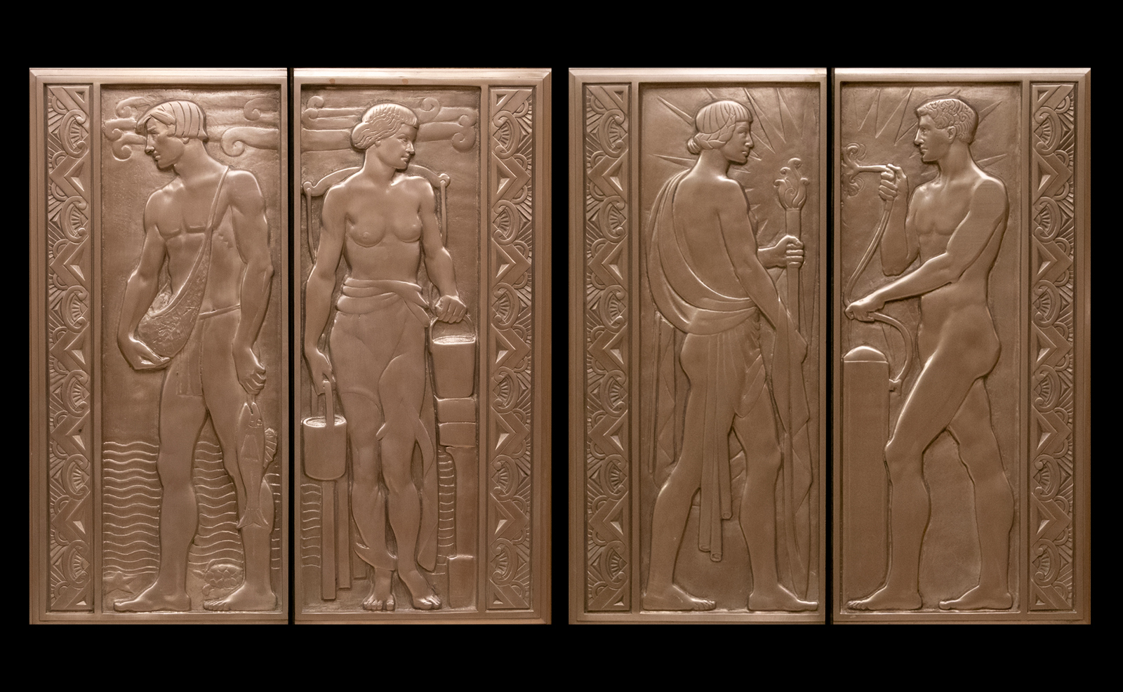 Image of a set of ornate, bronze elevator doors featuring male and female figures