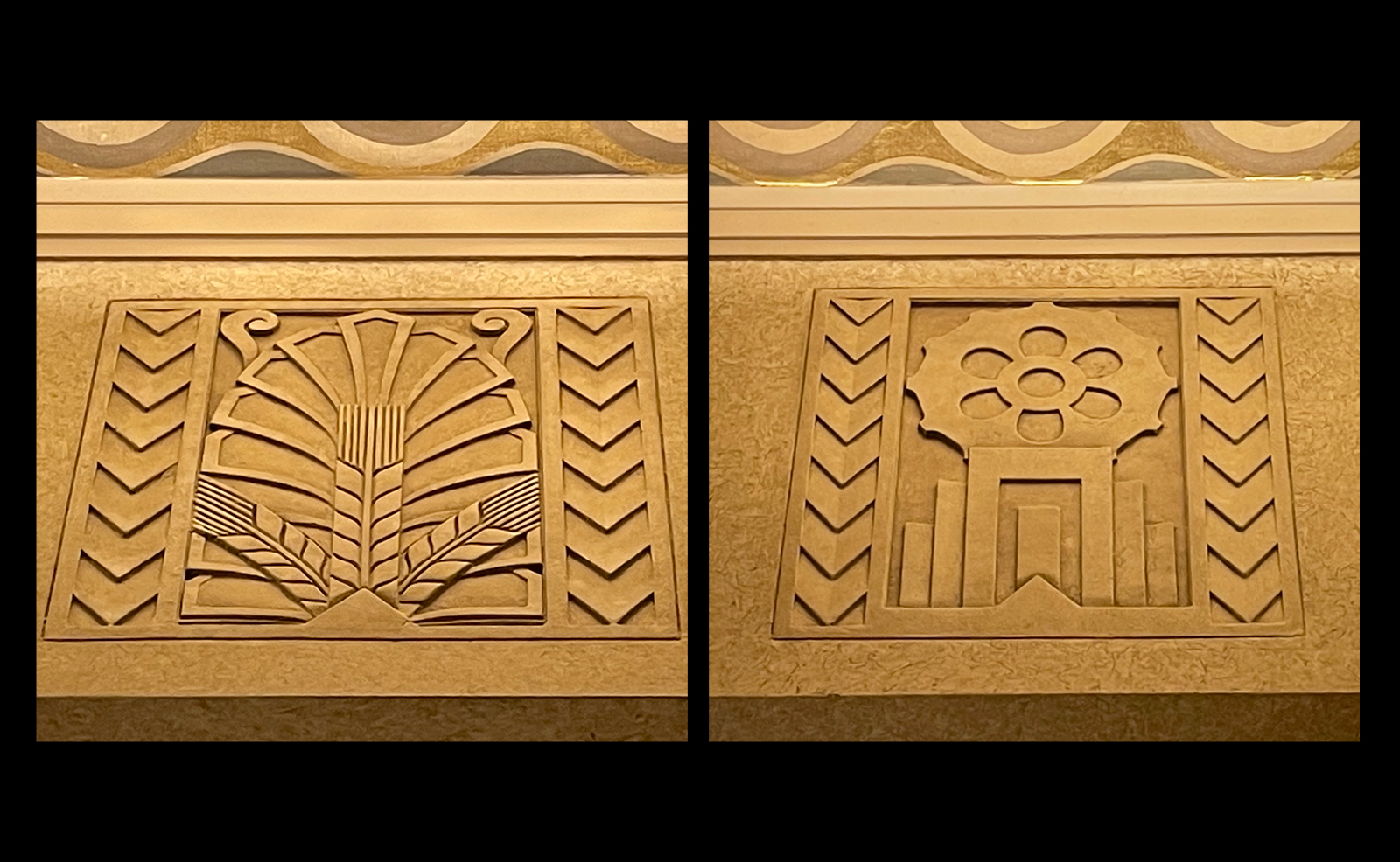 Image of ornamental moldings showing cornstalks and gears