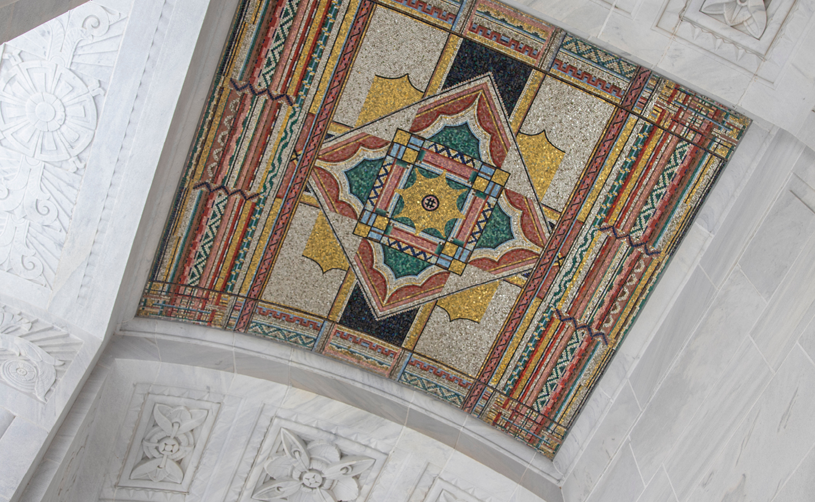 Image of the colorful mosaic tiles above the main entrance to the Thomas J. Moyer Ohio Judicial Center