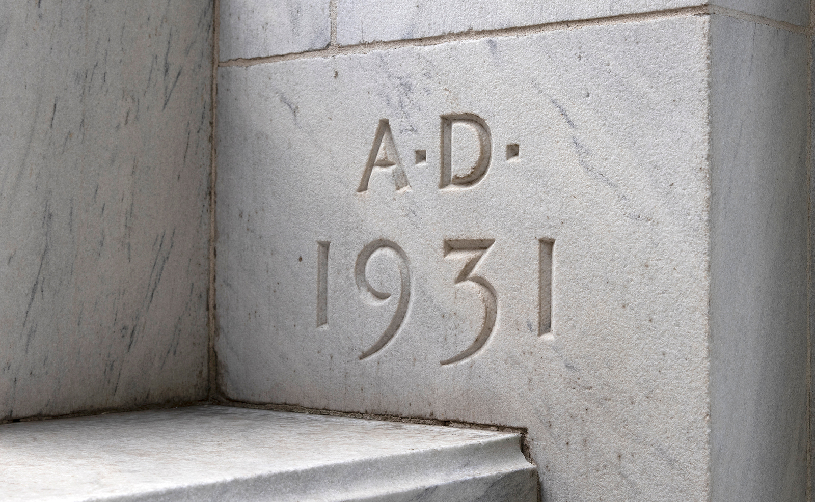 Image of the cornerstone of the Thomas J. Moyer Ohio Judicial Center with 'A.D. 1931' carved on it