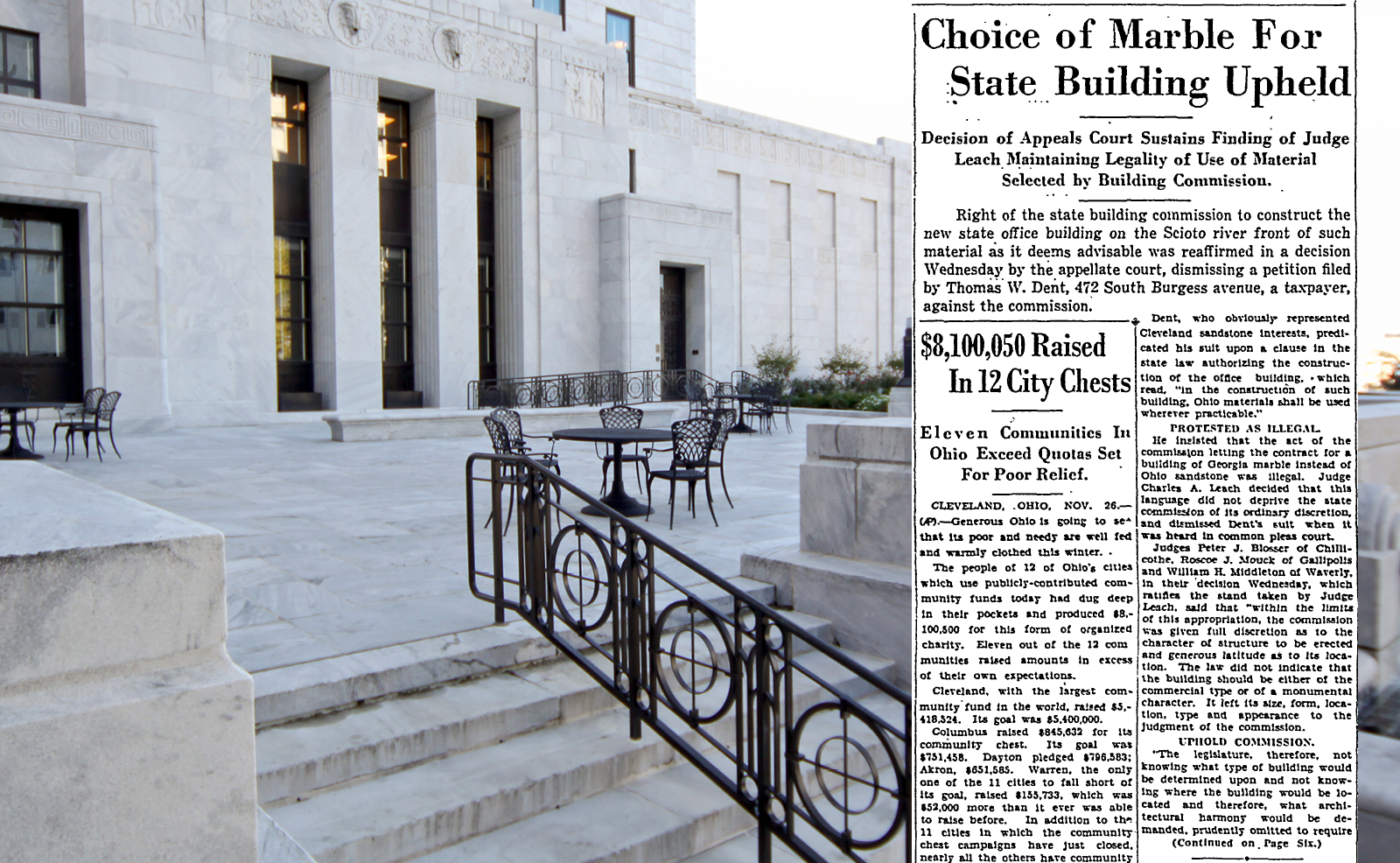 Image of north plaza of the Thomas J. Moyer Ohio Judicial Center with several iron tables and chairs; alonside this is an image of a newspaper article of the appeals court's decision resulting from a taxpayer lawsuit related to the use of Georgia marble in the construction of the building
