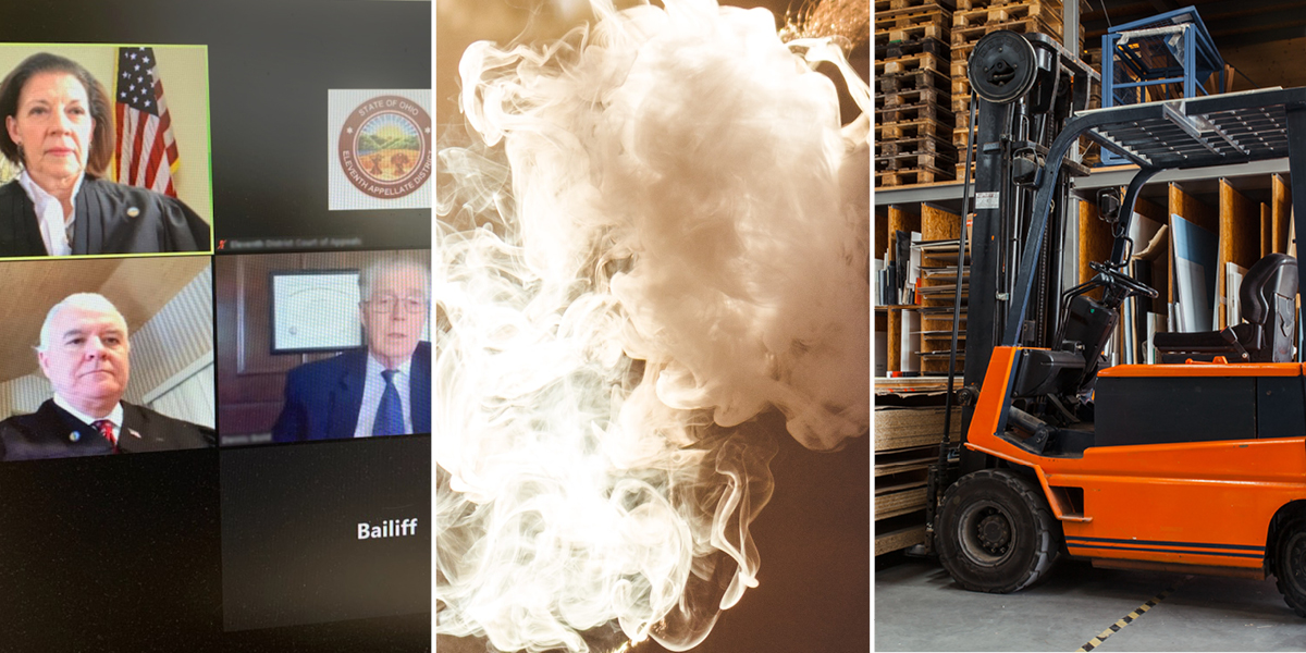 Three images side-by-side. The first image is a computer monitor showing a court hearing being held via videoconference. The second image shows a thick cloud of smoke. The third is a forklift.