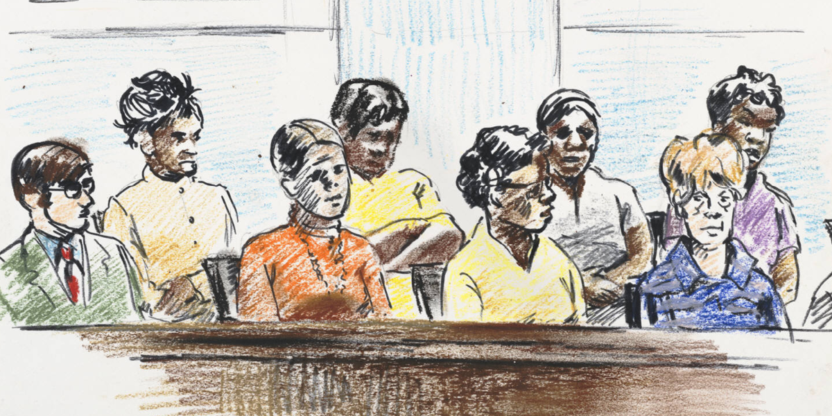 Image a colored pencil sketch of a jury in a courtroom. Credit: Yale Collection of American Literature, Beinecke Rare Book Manuscript Library, licensed under CC BY-SA 2.0.