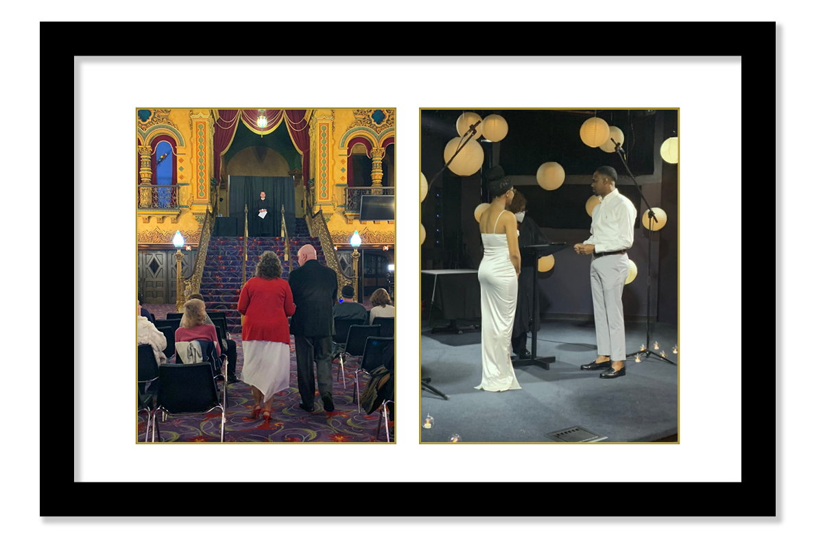 On the left is an image of a woman wearing a white dress and red sweater being escorted by a man wearing a dark suit inside an ornately decorated room. A man wearing a black judicial robe stands at the top of a staircase. On the right is an image of man wearing grey dress pants and a yellow dress shirt standing across from a woman wearing a white gown. They are surrounded by several hanging paper lights.